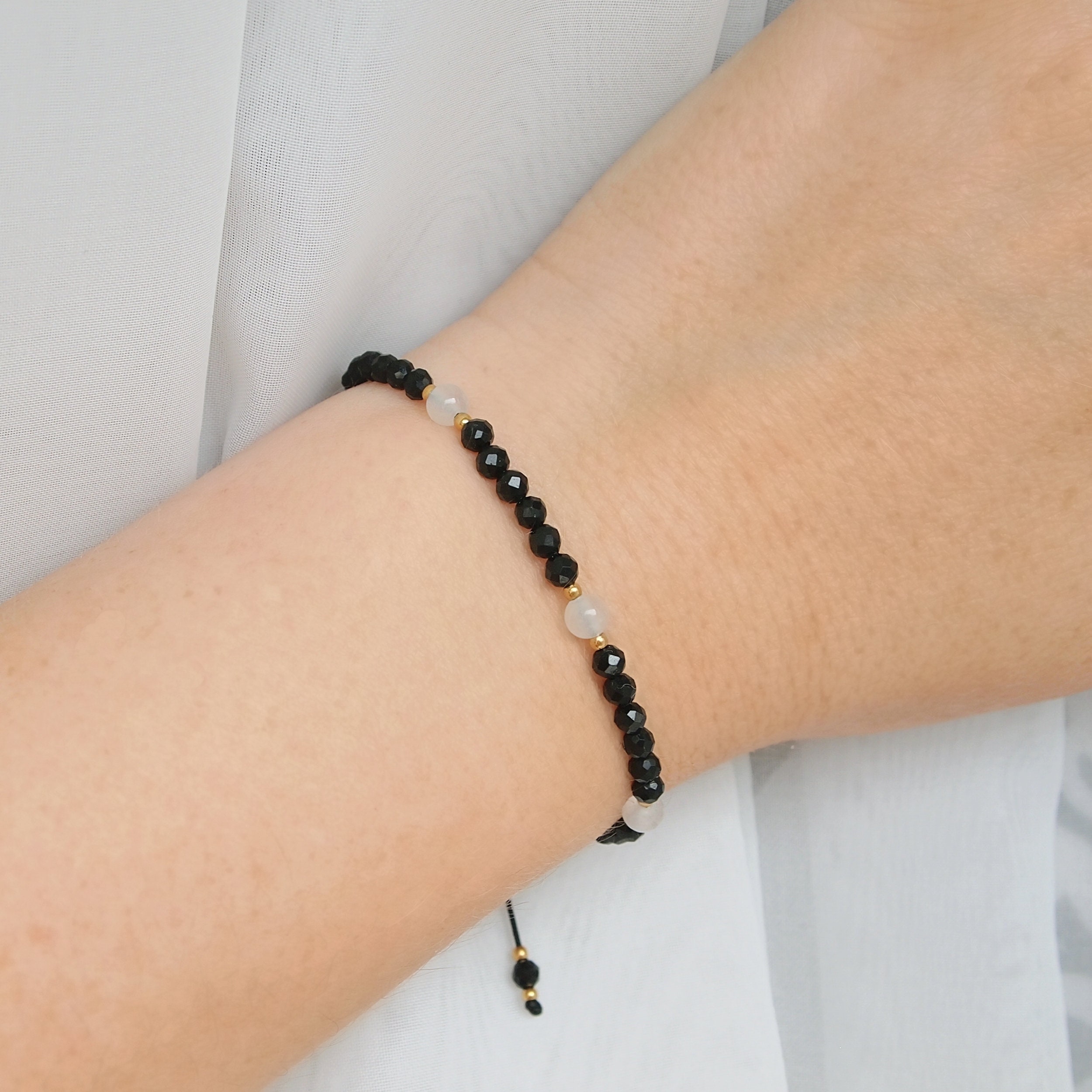 thumbnail image 2 of Charged Natural Selenite & Black Tourmaline 8mm Bracelet – 50/50 With Selenite Heart 2 of 3