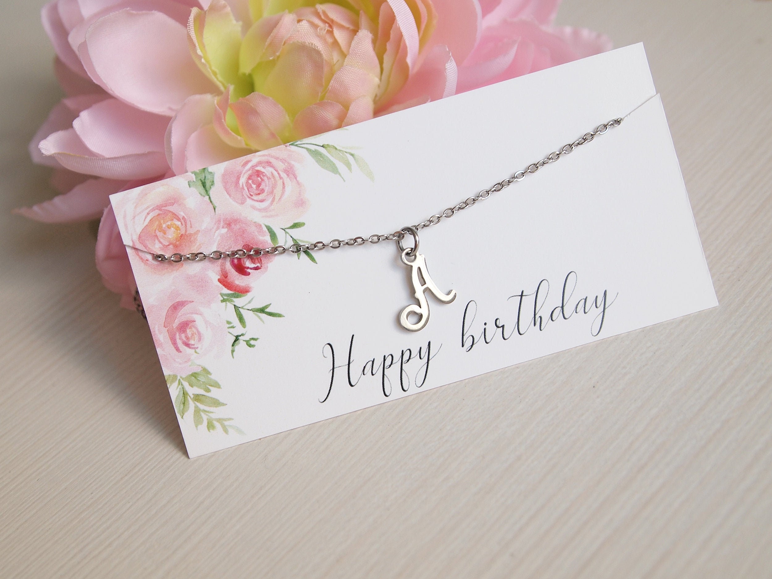 Silver initial necklace on Happy birthday card Birthday gift | Etsy
