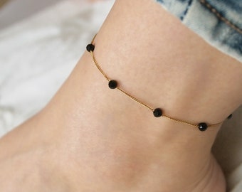 Beaded black tourmaline anklet, Gemstone chain anklet, Black tourmaline ankle bracelet, Dainty anklet, Handmade jewelry, Gift for her