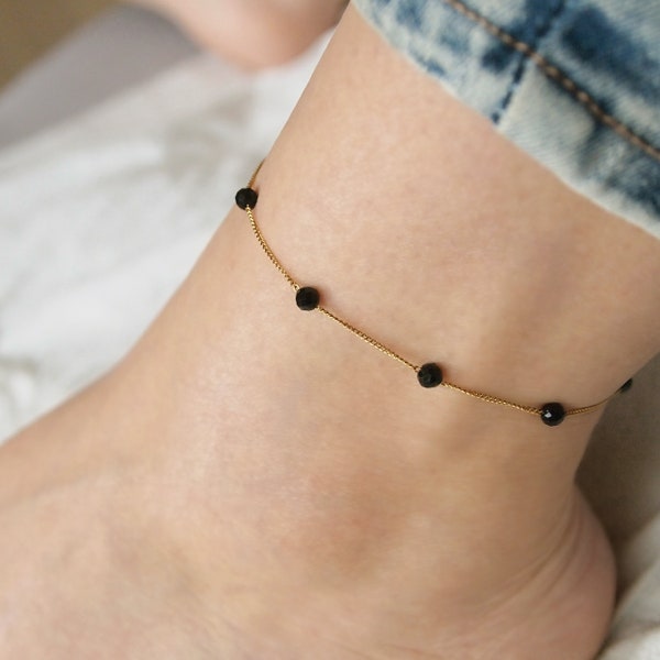 Beaded black tourmaline anklet, Gemstone chain anklet, Black tourmaline ankle bracelet, Dainty anklet, Handmade jewelry, Gift for her