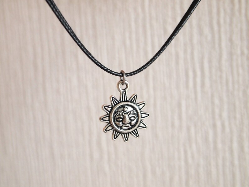 Sun face cord necklace Boho jewelry Celestial necklace Black cord choker Gift for friend Spiritual boho choker Silver sun charm choker