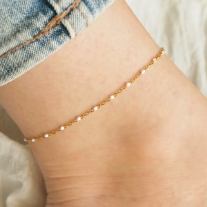 White beads chain anklet, Thin chain woman anklet, Dainty stainless steel ankle bracelet, Summer woman jewelry, Gifts for her