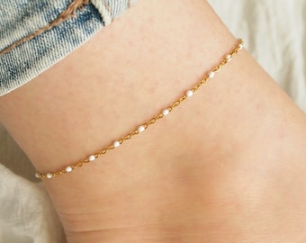 White beads chain anklet, Thin chain woman anklet, Dainty stainless steel ankle bracelet, Summer woman jewelry, Gifts for her