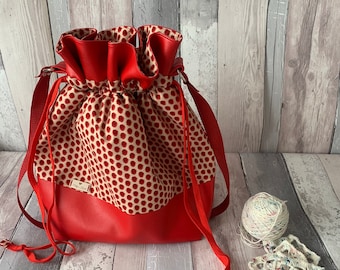 Handmade Red Drawstring Project Bag, Faux Leather Base