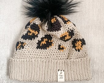 Leopard Print Crochet Beanie Pattern – Pom Pom Hat (PDF Pattern)