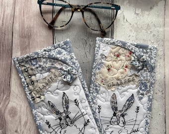 Handmade Applique quilted glasses case. Free Style Embroidery & scrappy design. Pretty Animal detail.