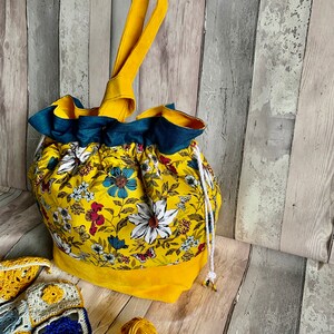 Handmade bag, project bag, made from beautiful yellow flower design cotton print fabric.