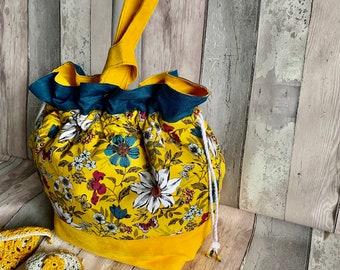 Handmade Floral Cotton Project Bag, Yellow Suedette Base