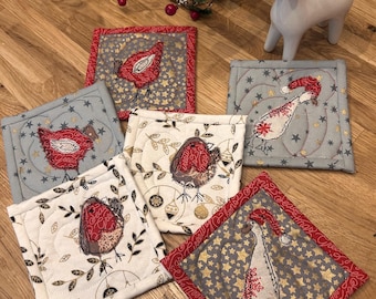 Handmade Christmas Fabric Coaster, Embroidered Robin, Goose, Chicken Design