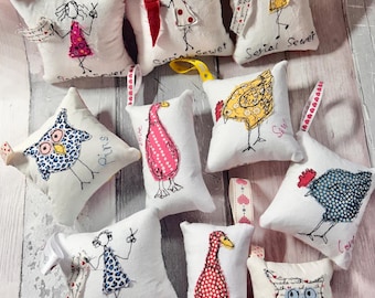 Handmade Embroidered Pin Cushion, Scrappy Applique Sewing Gift, Quilting Cotton, Sewing Room Decor