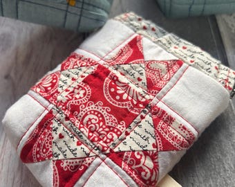 Handmade Quilted Zip Top Bag, Red White Love Print, Patchwork Cotton Pouch