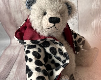 Handmade Mohair Teddy Bear, Dalmatian Hooded Coat, Collectible Keepsake