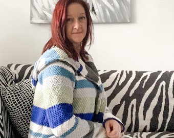 Tunisian Crochet Cardigan Pattern: Hooded Coastal Design (Digital Download)