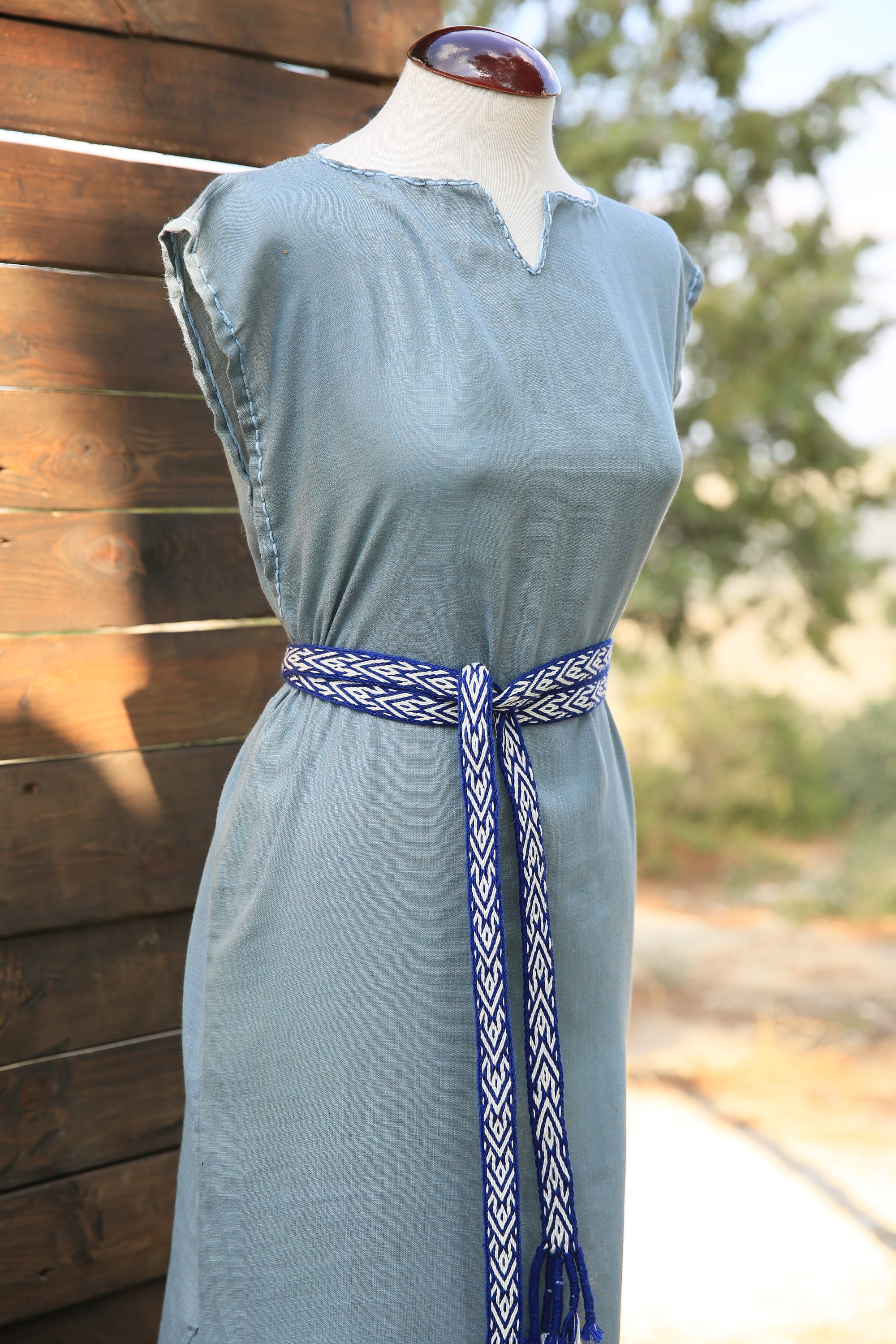 Linen sleeveless dress and tablet weaving