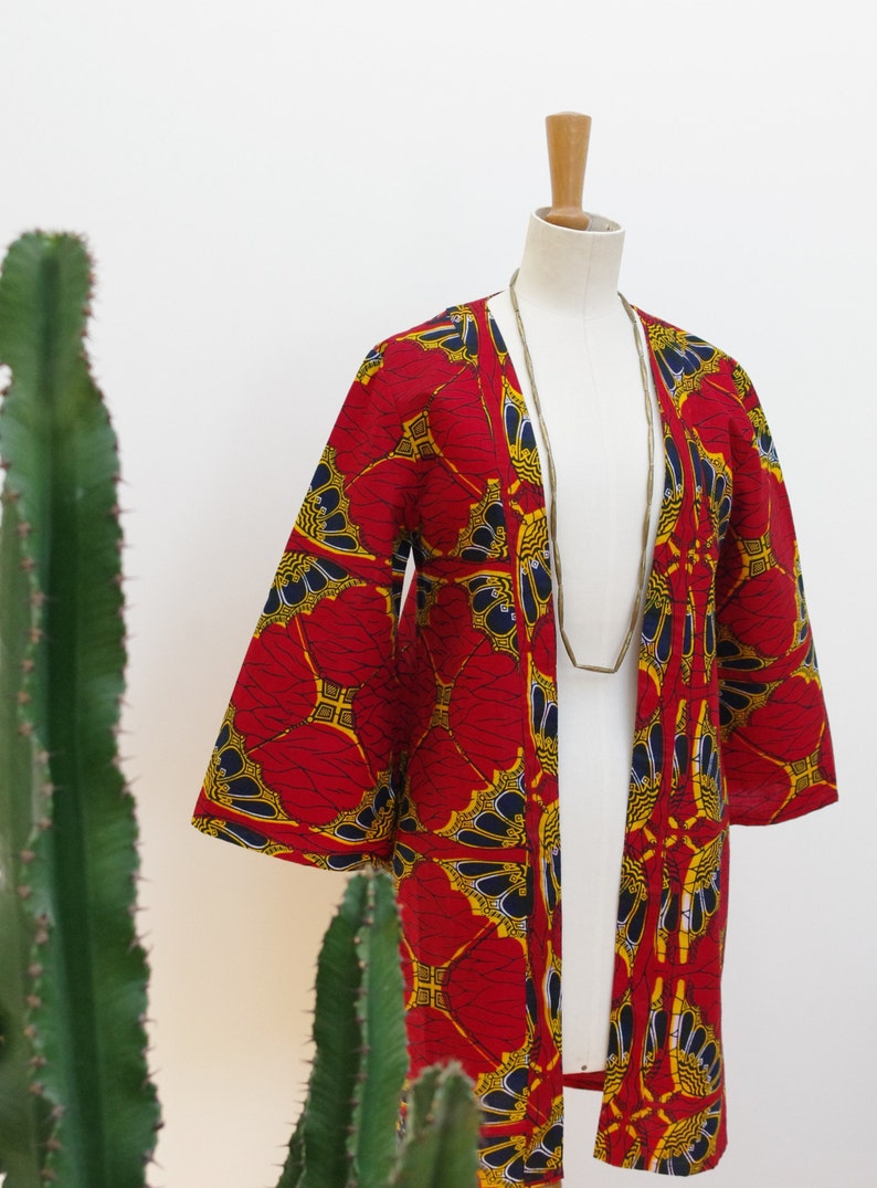 Umbrellas African print red kimono jacket, slowfashion ethnic & ethic image 3