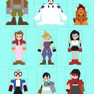 Puede incluir: Un collage digital de nueve personajes del videojuego Final Fantasy VII. Los personajes están representados en un estilo pixelado, con un fondo azul.
