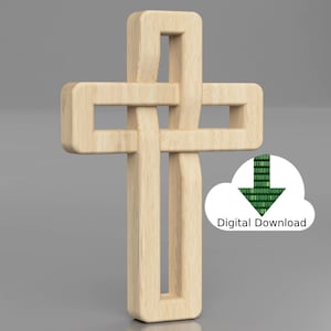 May include: A wooden cross with a unique, interwoven design. The cross is made of light-colored wood and features a knot-like structure where the vertical and horizontal beams intersect. The words "Digital Download" are displayed on a cloud icon.