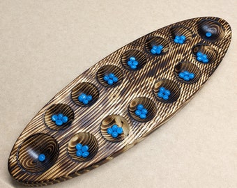 Mancala Solid Nordic Spruce (Kalah, Warri or Awari) Rustic Board Game, with Turquoise Blue Glass Playing Pieces, Japanese yakisugi style