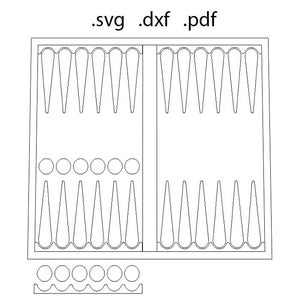 May include: A black and white line drawing of a backgammon board with two sets of checkers and a row of checkers at the bottom.
