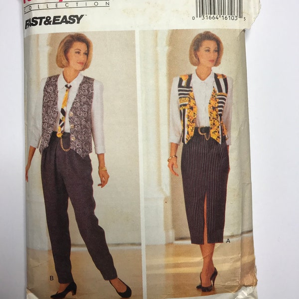 Butterick 6682 Vintage Sewing Pattern Family Circle Collection Misses' Vest Tie Shirt Skirt Pants 1993 Menswear Size 12 14 16 Bust 34 36 38
