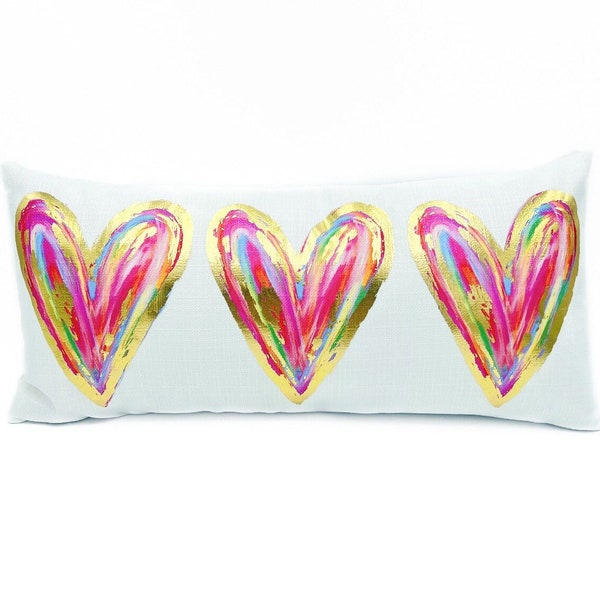 Colorful Gold Foil Hearts Lumbar Pillow || Valentines Pillow || Valentines Decor|| Love Pillow - 729