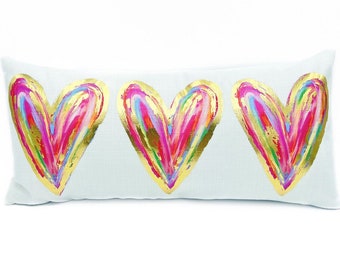 Colorful Gold Foil Hearts Lumbar Pillow || Valentines Pillow || Valentines Decor|| Love Pillow - 729