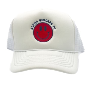 Alpha Omicron Pi Hat  ||  AOPi Hat  ||  AOPi Embroidered Smiley Face Hat ||  Greek Hat || Sorority Hat || Bid Day Gift - 597