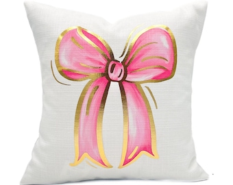 Gold Foil Pink Bow Pillow || Bow Throw Pillow - 1191