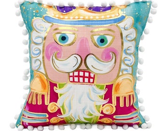 Turquoise Colorful Gold Foil Nutcracker Pillow || Christmas Accent Pillow || Nutcracker Decor - 894