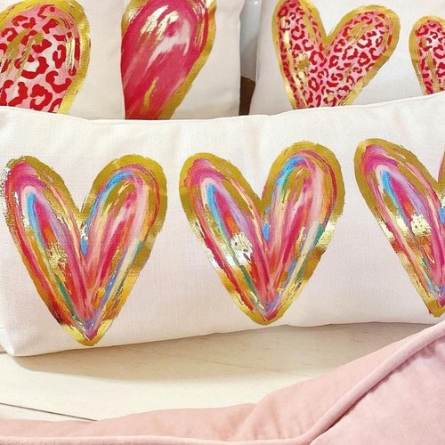 Colorful Gold Foil Hearts Lumbar Pillow Valentines Pillow Etsy