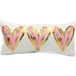 Gold Foil Colorful Pastel Hearts Lumbar Pillow || Valentines Pillow || Valentines Decor - 1051