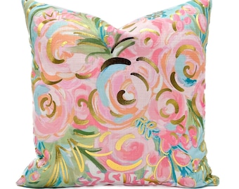 Gold Foil Cortnei Chinoiserie Blooms || Floral Pillow || Abstract Flower Pillow - 1265