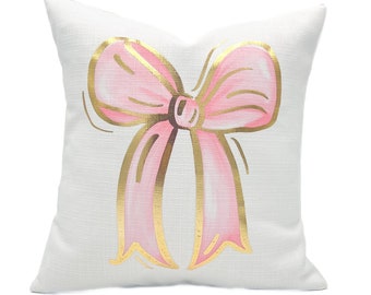 Gold Foil Light Pink Bow Pillow || Bow Throw Pillow - 1193