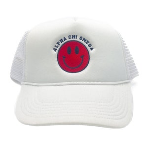 Alpha Chi Omega Hat  || AXO Embroidered Smiley Face Hat  ||  Greek Hat  ||  Sorority Hat  ||  Bid Day Gift - 606