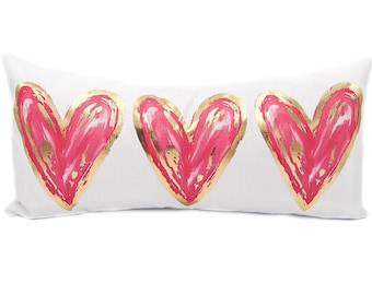Gold Foil Pink Hearts Lumbar Pillow || Valentines Pillow || Heart Pillow - 728