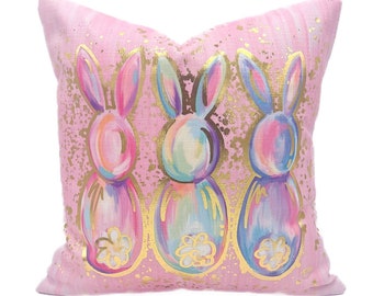 Pink Splatter Bunnies Pillow || Easter Pillow || Bunny Pillow - 1169
