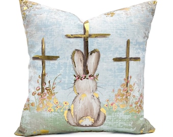 Gold Foil Bunny at the Cross Pillow || Christian Easter Decor || Easter Bunny Pillow - 546
