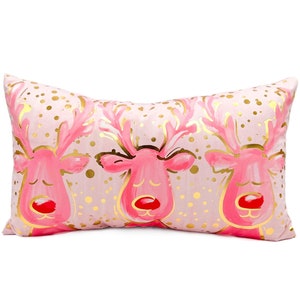 Pink Radiant Reindeer Pillow || Pink Christmas Pillow || Gold Foil Holiday Pillow || Christmas Decor - 1282