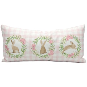 Pink Gingham Bunnies Lumbar Pillow || Easter Pillow || Easter Decor - 1390