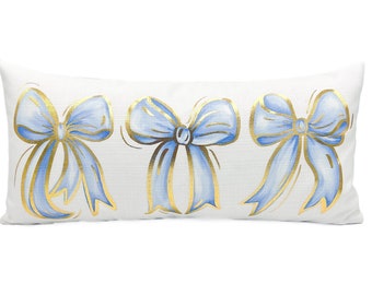 Gold Foil Blue Bows Lumbar Pillow || Preppy Bow Pillow || Dorm PIllow - 1290