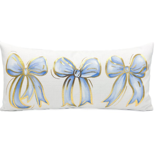 Gold Foil Blue Bows Lumbar Pillow || Preppy Bow Pillow || Dorm PIllow - 1290