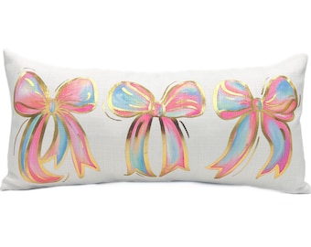 Gold Foil Colorful Bows Lumbar Pillow || Preppy Bow Pillow - 1188