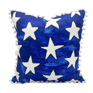Watercolor Flag Stars with Pom Pom Trim  || Patriotic PIllow || Independence Day || 4th of July Decor - 677