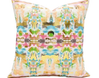 Peach, Turquoise & Pink Kaleidoscope Gold Foil Pillow || Kaleidoscope Pillow || Gold Foil Pillow - 973