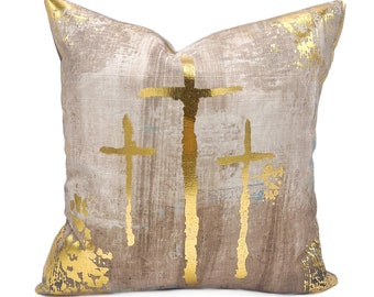 Gold Foil Cross Pillow  ||  3 Golden Crosses  ||  Christmas Pillow || Neutral Throw Pillow - 291