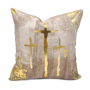 Gold Foil Cross Pillow  ||  3 Golden Crosses  ||  Christmas Pillow || Neutral Throw Pillow - 291