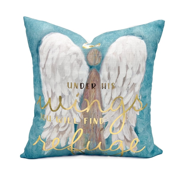 Gold Foil Teal Angel Pillow || Psalm 91 Pillow || Under His Wings || Angel Art || Gold Foil Angel - 527