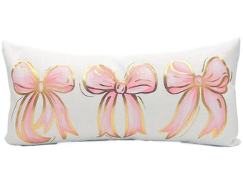 Gold Foil Light Pink Bows Lumbar Pillow || Preppy Bow Pillow || Dorm PIllow - 1194