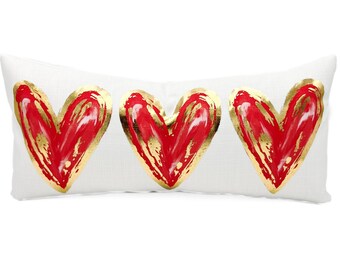 Gold Foil Red Hearts Lumbar Pillow || Valentines Pillow || Valentines Decor - 1053