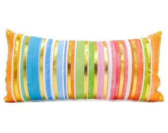 Gold Foil Stripes Lumbar Pillow || Watercolor Stripes Pillow || Summer Pillow - 401